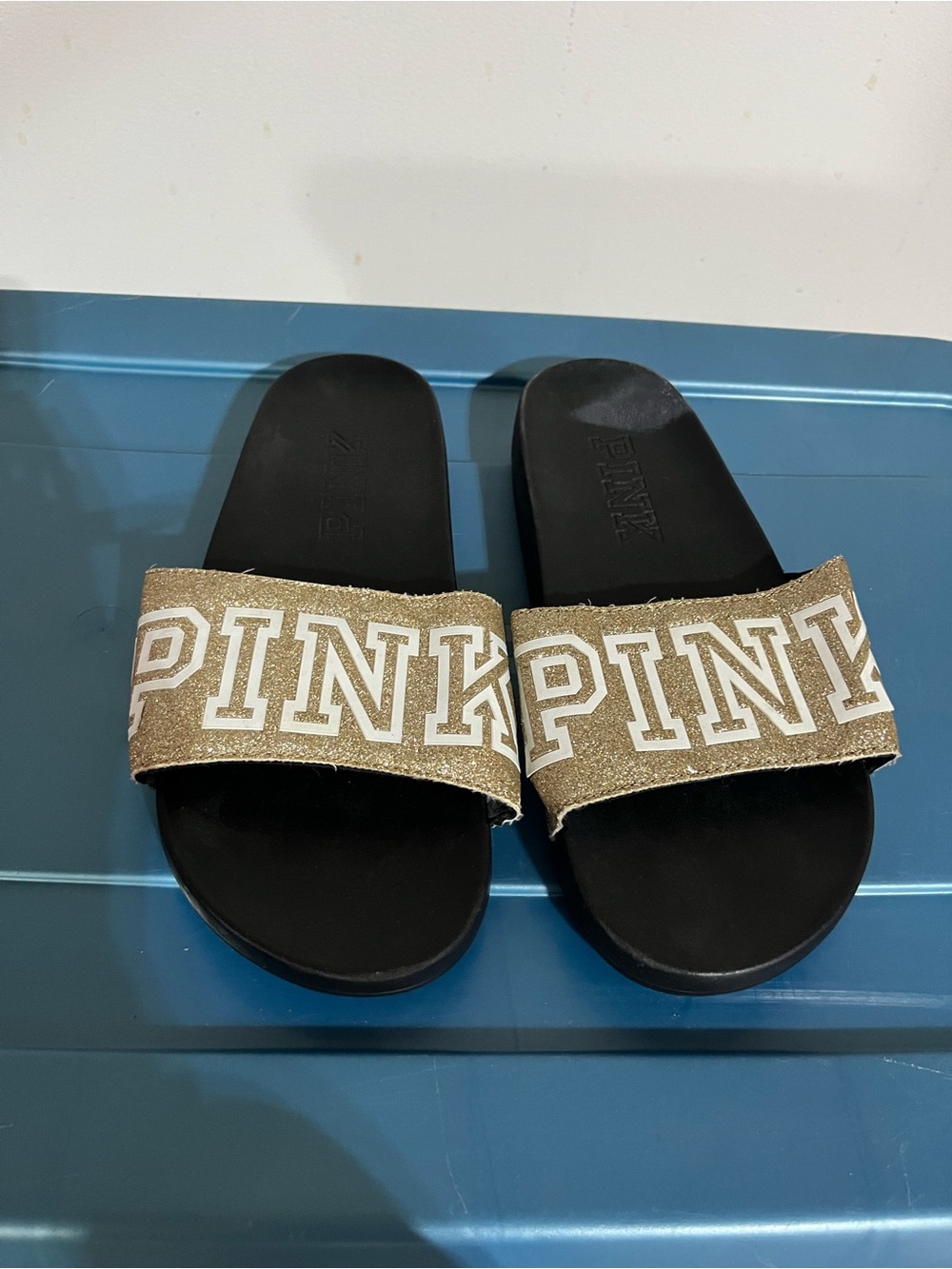 PINK Victoria's Secret Glitter Gold Slide Sandals for Women